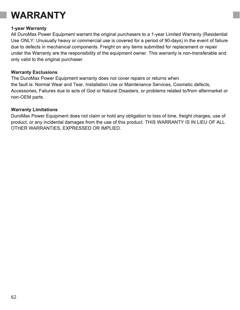 Page 1 de la notice Informations de garantie DuroMax XP16HPE