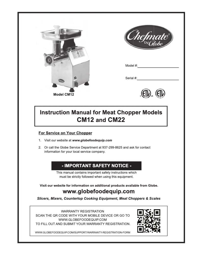 Page n°1 - Manuel d'utilisation et d'entretien Globe CM22