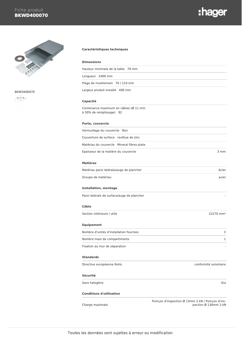 Page n°1 - Fiche technique Hager BKWD400070