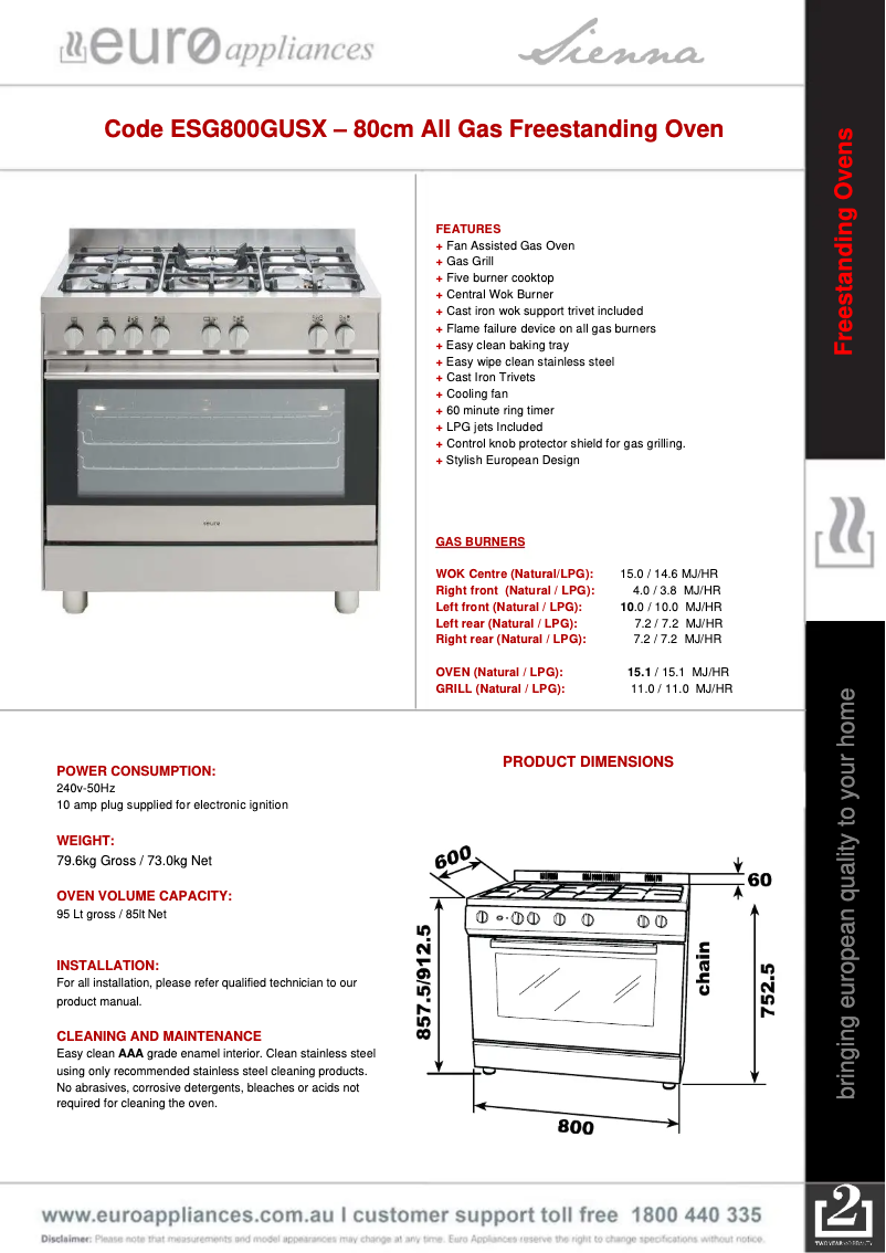 Page 1 de la notice Fiche technique Euro Appliances ESG800GUSX