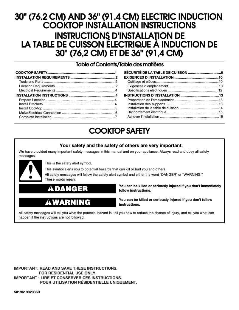 Page 1 de la notice Guide d'installation JennAir JIC4430XB