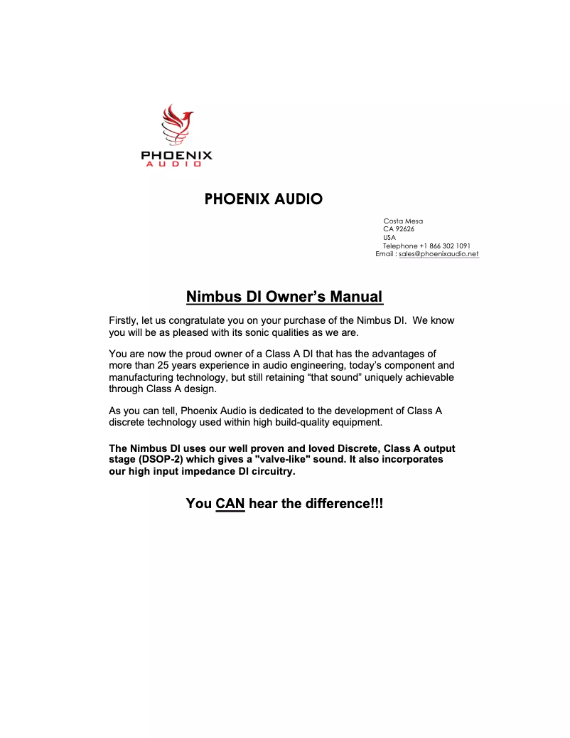 Page n°1 - Manuel utilisateur Phoenix Audio Nimbus DI