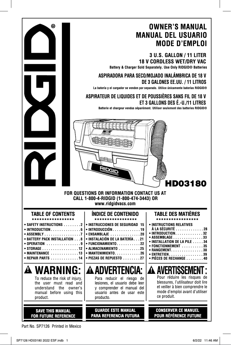 Page n°1 - Manuel utilisateur Ridgid HD03180