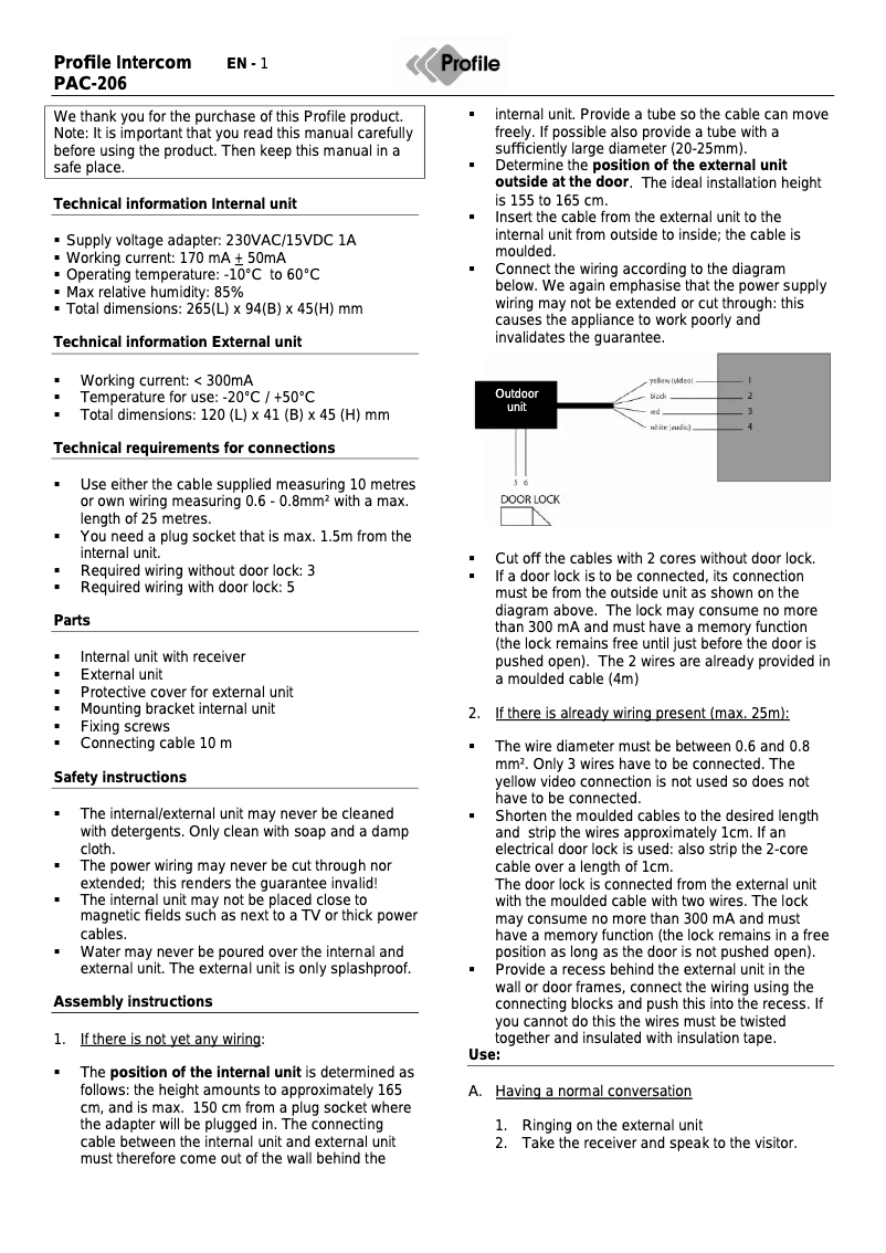 Page 1 de la notice Manuel utilisateur Profile PAC-206 Classic