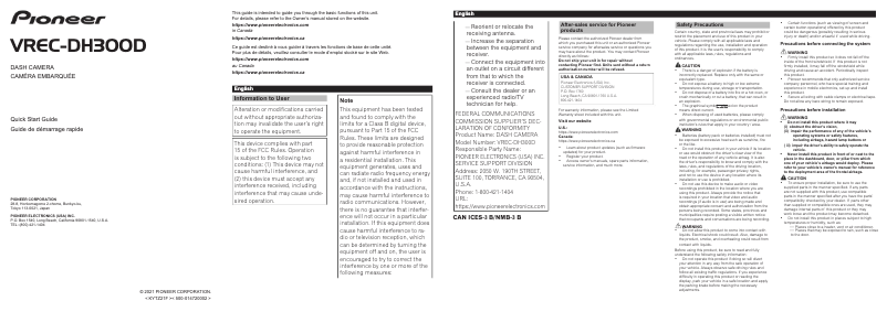 Page 1 de la notice Guide de démarrage rapide Pioneer VREC-DH300D