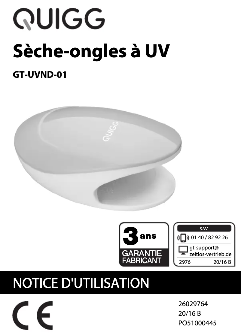 Page 1 de la notice Manuel utilisateur Quigg GT-UVND-01