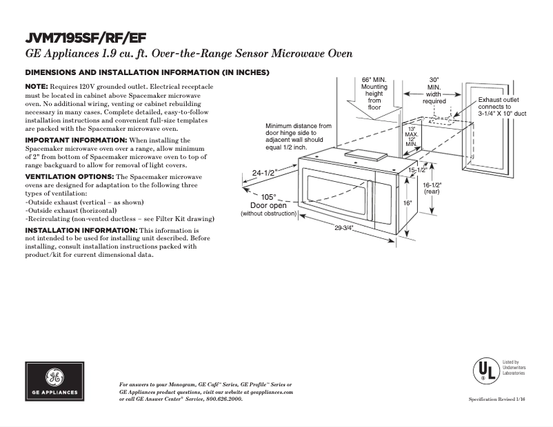 Page 1 of the manual Technical Sheet GE JVM7195SFSS
