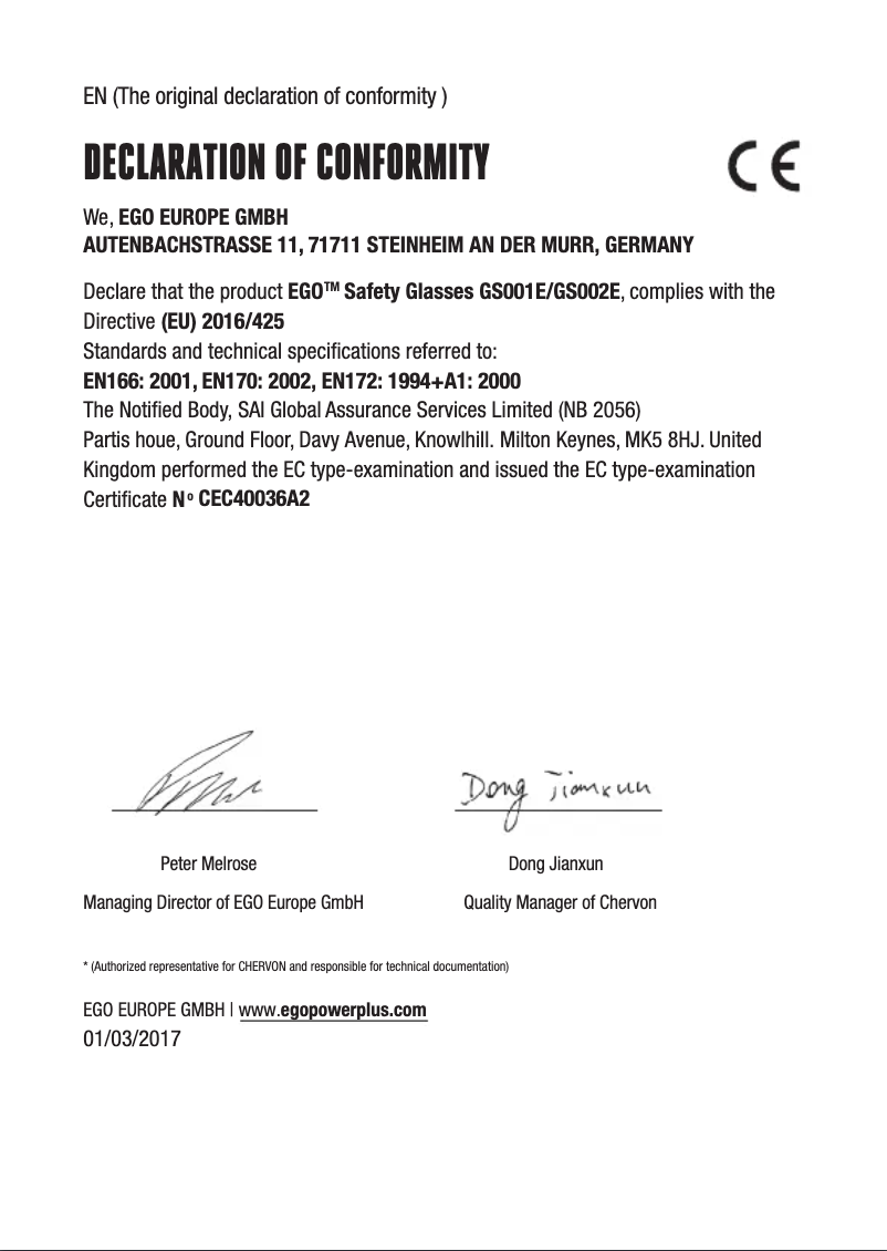 Page 1 de la notice Instructions de sécurité EGO GS001