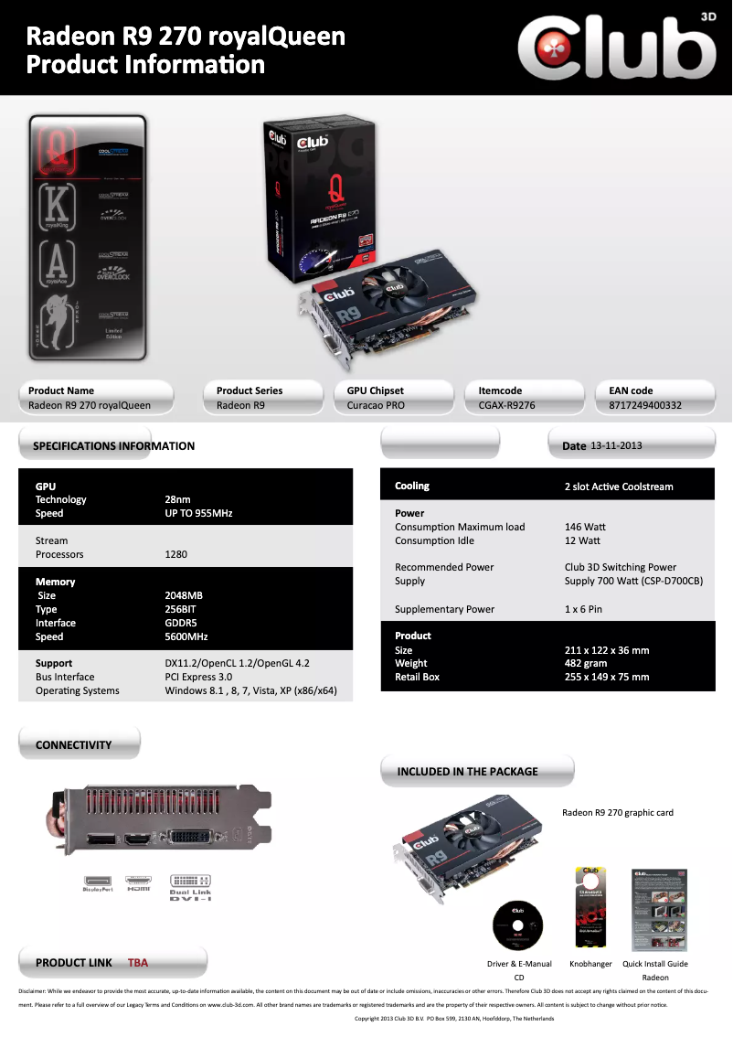 Page 1 de la notice Manuel utilisateur CLUB3D Radeon R9 270 royalQueen