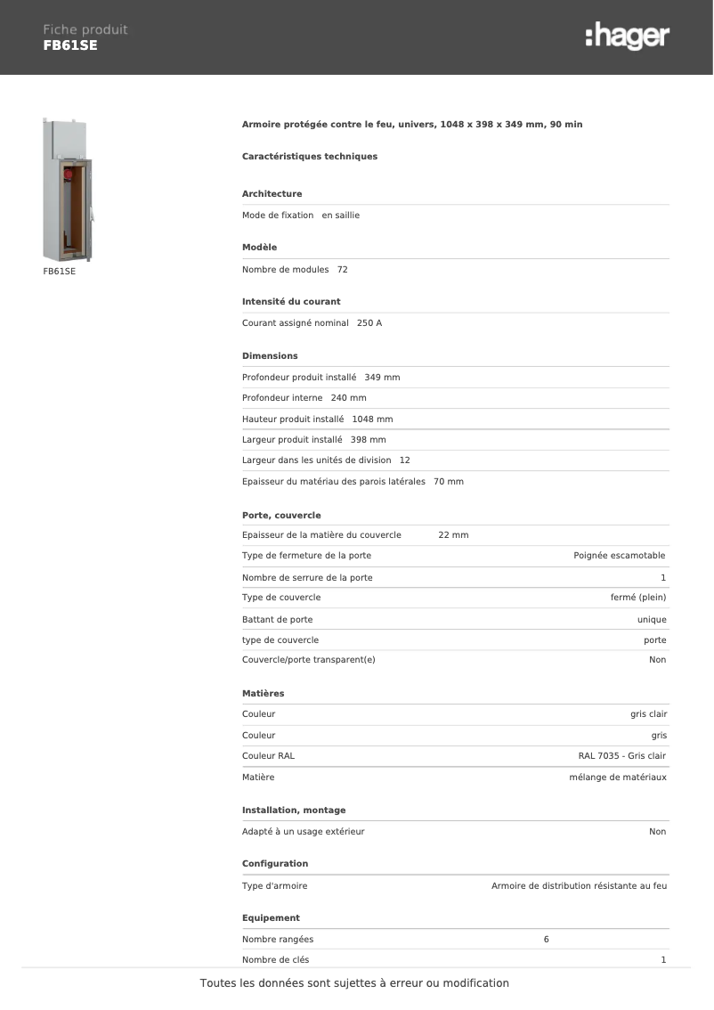 Page 1 de la notice Fiche technique Hager FB61SE