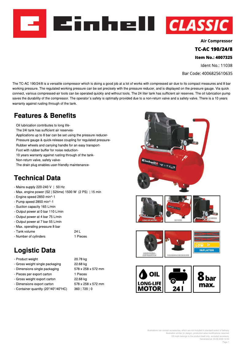 Page 1 de la notice Fiche technique Einhell TC-AC 190/24/8
