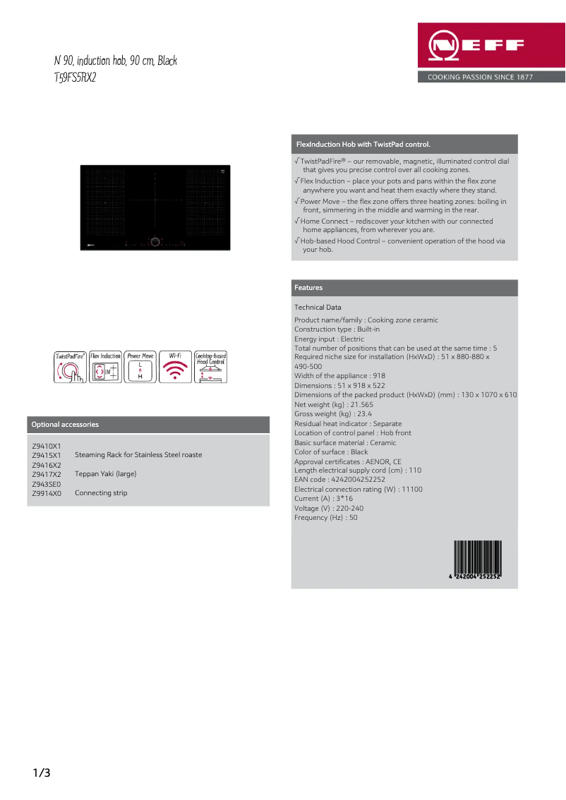 Page 1 de la notice Fiche technique Neff T59FS5RX2