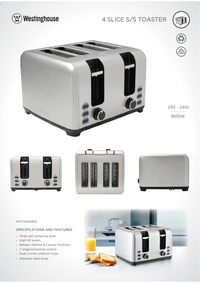 Page 1 de la notice Fiche technique Westinghouse WHTS4S08SS