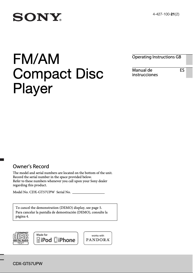 Image de la première page du manuel de l'appareil CDX-GT57UPW