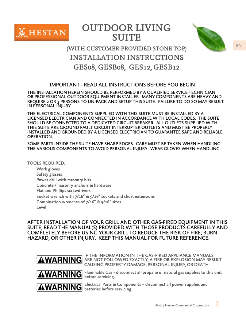 Page 1 de la notice Manuel utilisateur Hestan GESB08