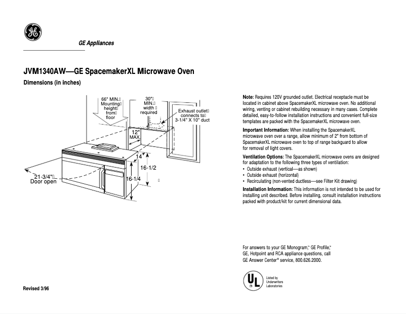 Page 1 de la notice Fiche technique GE JVM1340AW