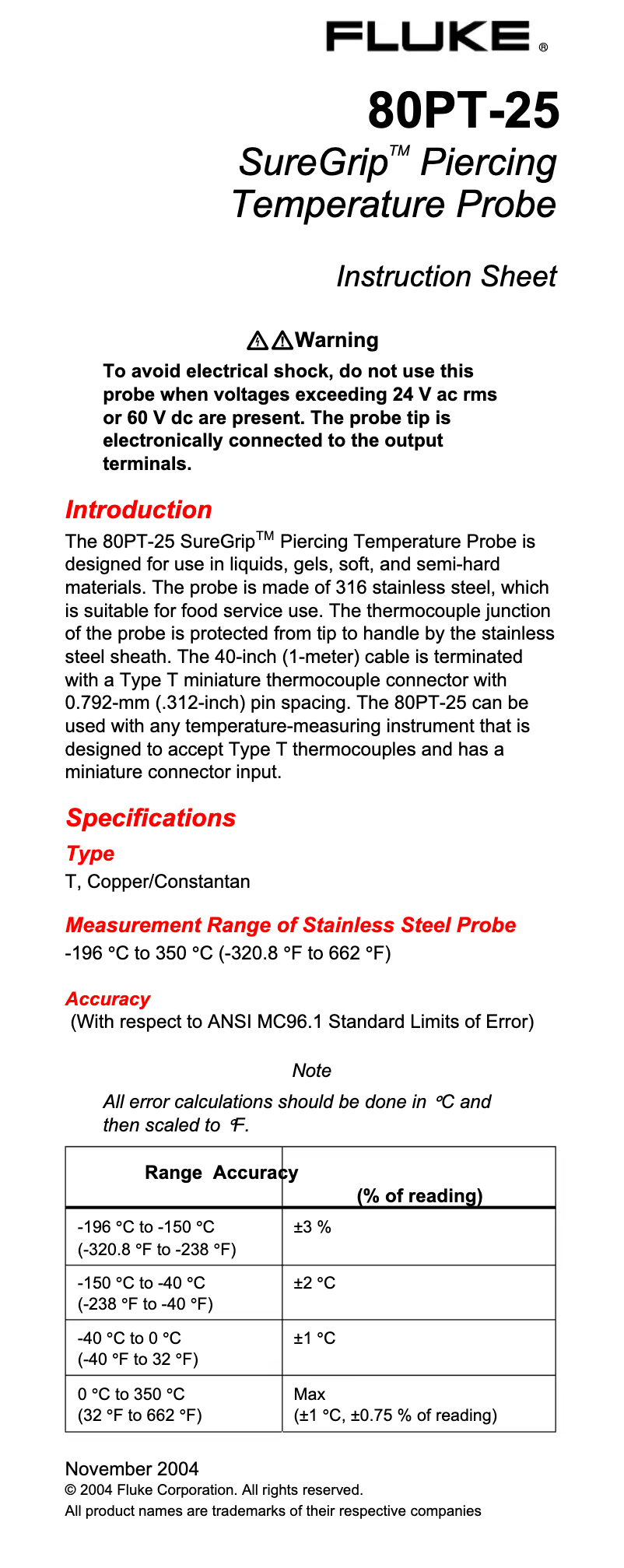 Page 1 de la notice Manuel utilisateur Fluke SureGrip 80PT-25