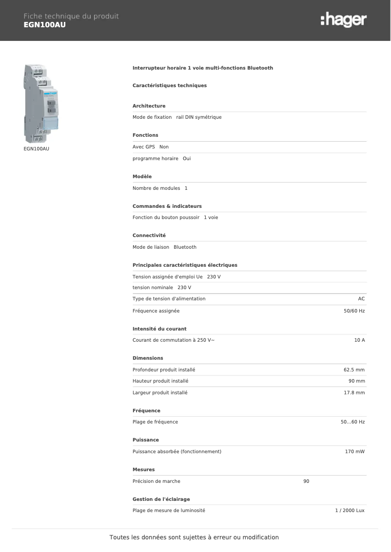 Page n°1 - Fiche technique Hager EGN100AU