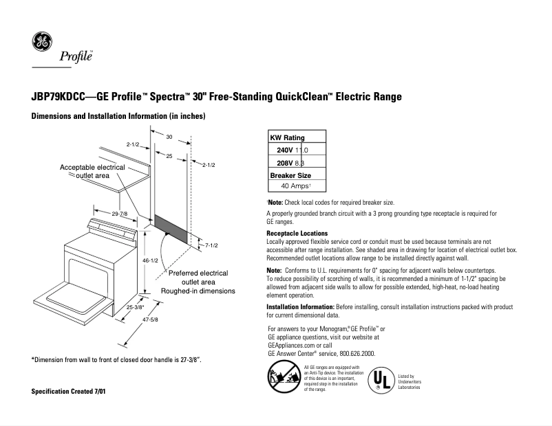 Page n°1 - Fiche technique GE Profile Spectra JBP79KDCC