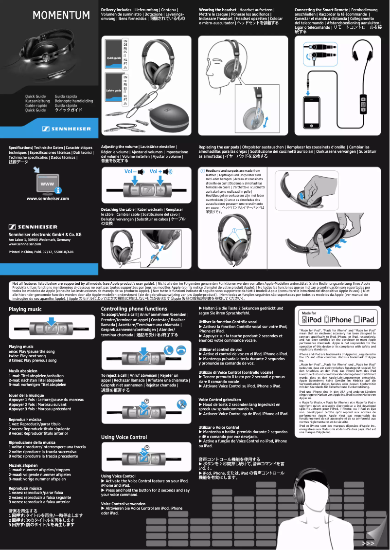 Page 1 de la notice Manuel utilisateur Sennheiser Momentum On-ear