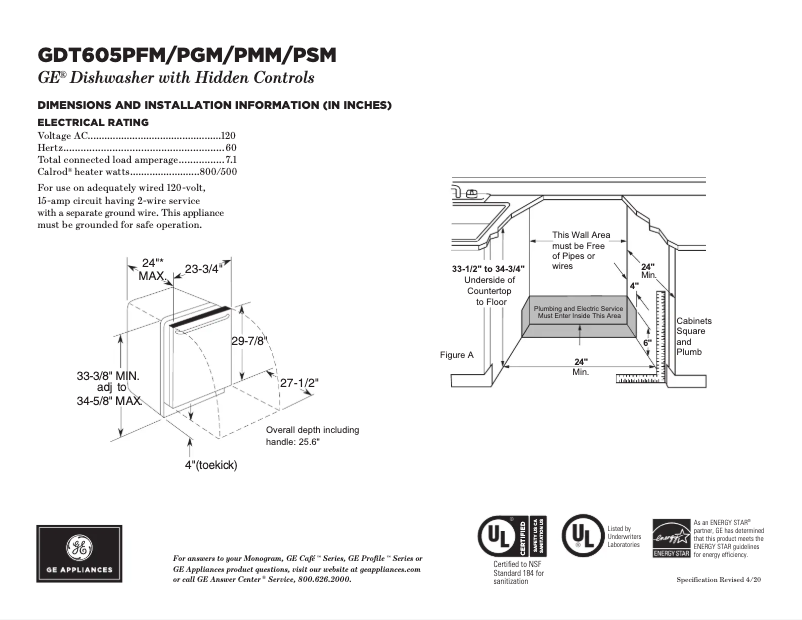 Page 1 of the manual Technical Sheet GE GDT605PGMWW