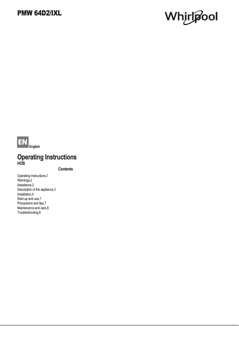 Page 1 de la notice Manuel utilisateur Whirlpool PMW 64D2/IXL