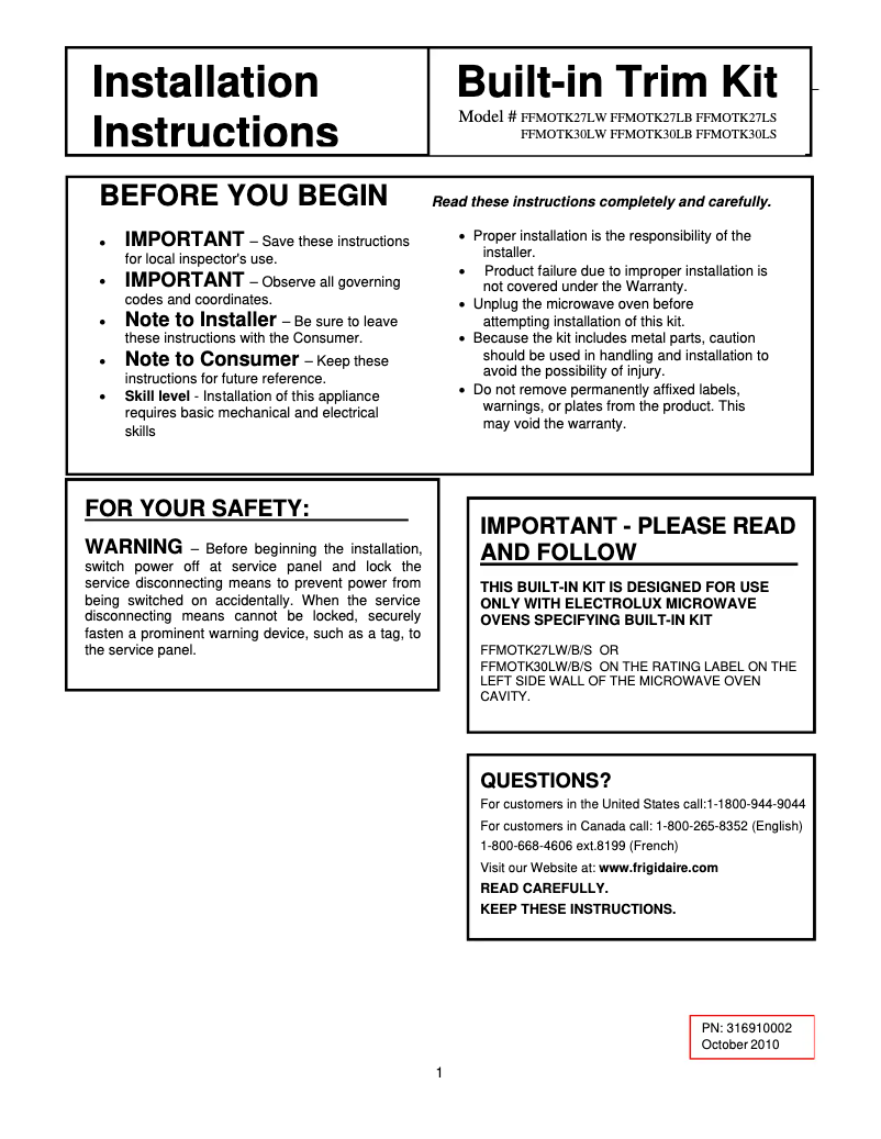 Page 1 de la notice Guide d'installation Frigidaire FFMO1611LB