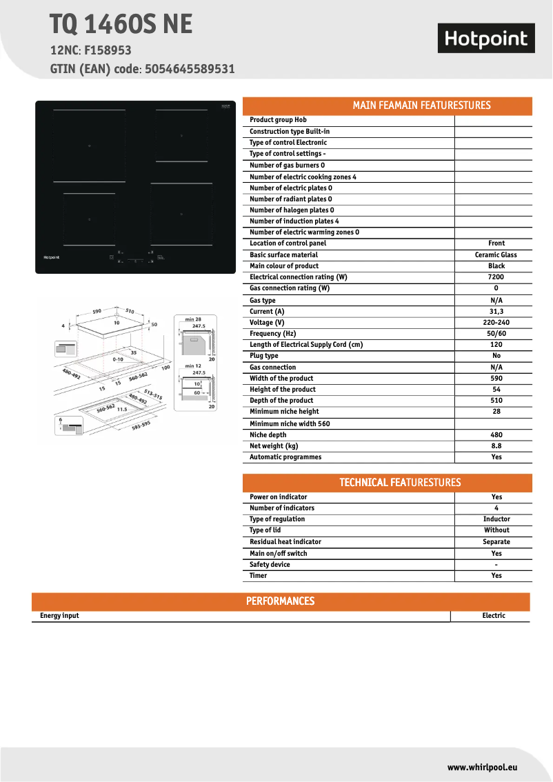 Page 1 of the manual Technical Sheet Hotpoint TQ 1460S NE