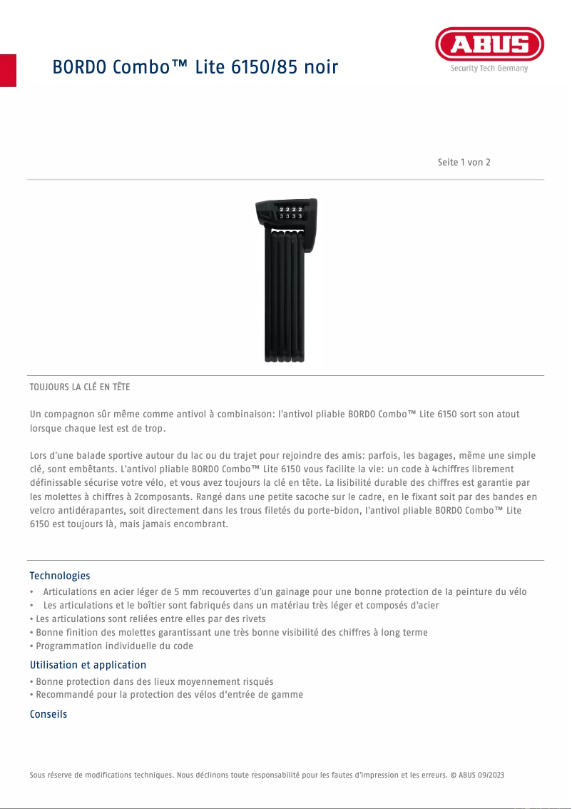 Página 1 del manual Ficha técnica Abus BORDO Combo Lite 6150