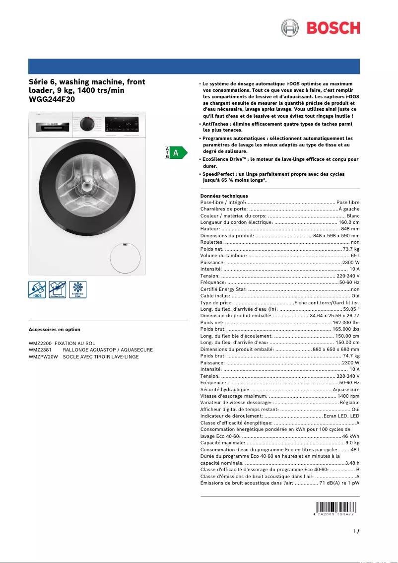 Page 1 de la notice Fiche technique Bosch WGG244F20