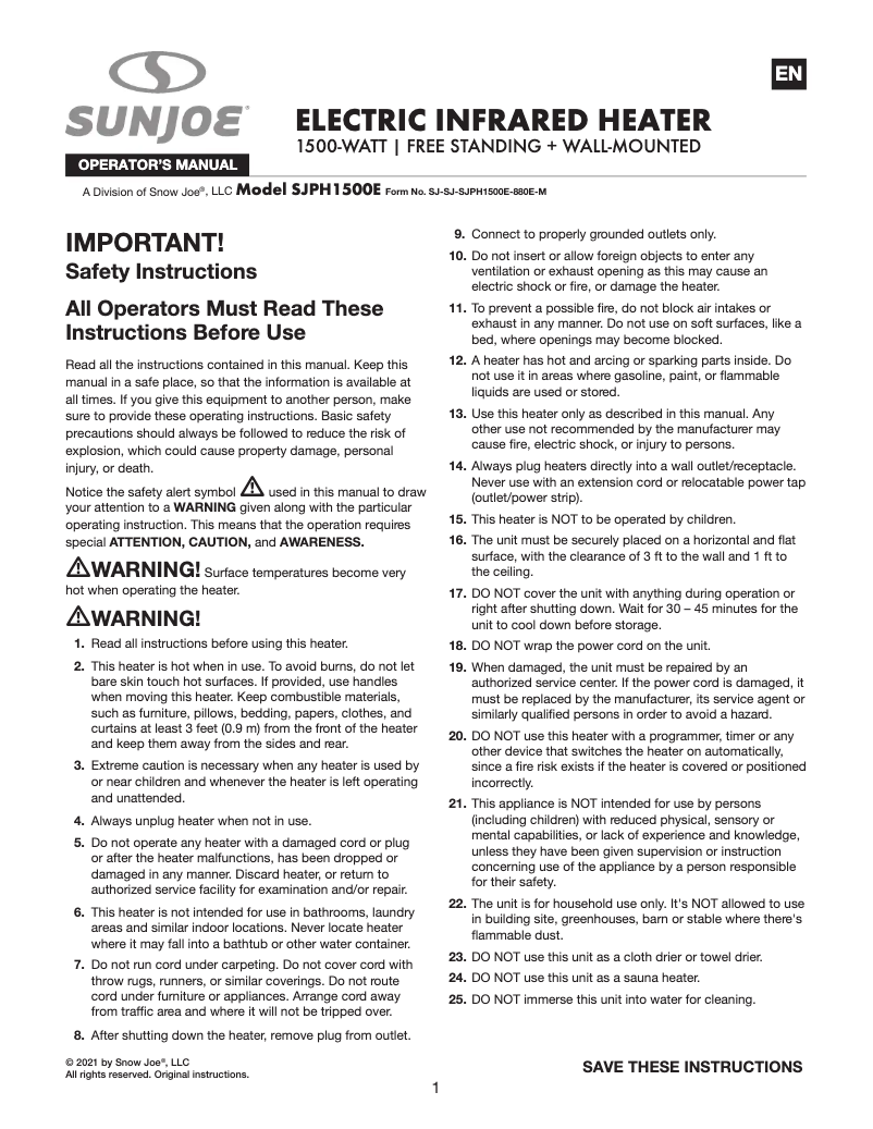 Page 1 de la notice Manuel utilisateur Sun Joe SJPH1500E