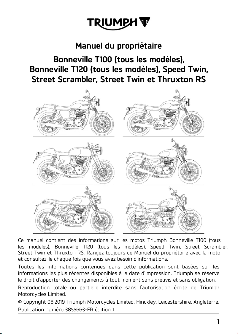 Page 1 de la notice Manuel utilisateur Triumph Bonneville T100 (2018)
