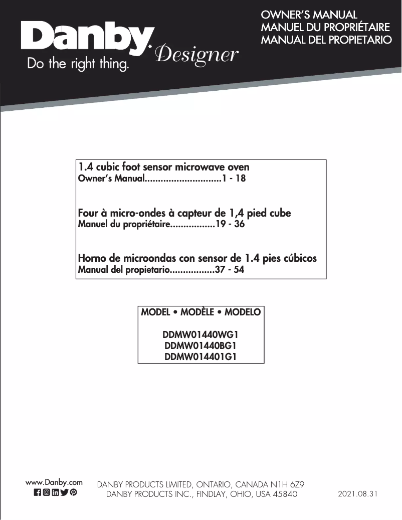 Page 1 de la notice Manuel utilisateur Danby DDMW01440BG1