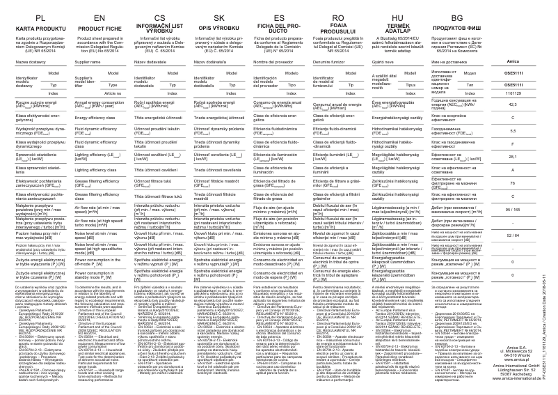 Page 1 de la notice Fiche technique Amica OSE5111I