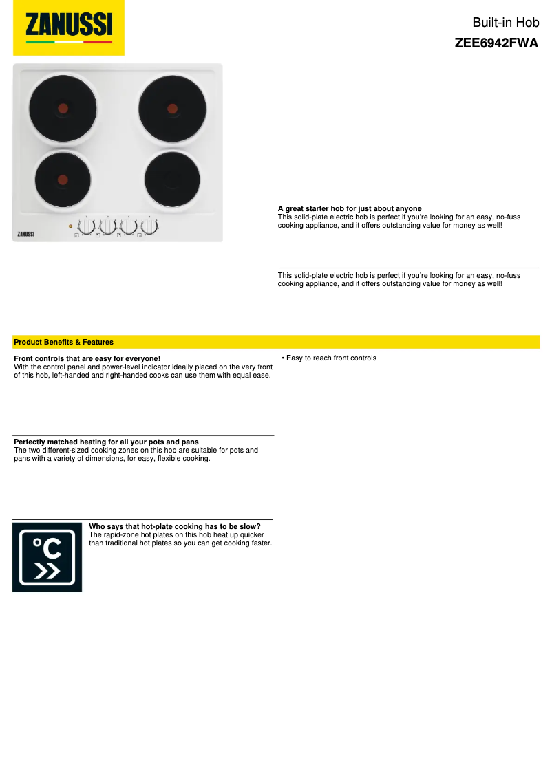 Page n°1 - Fiche technique Zanussi ZEE6942FWA