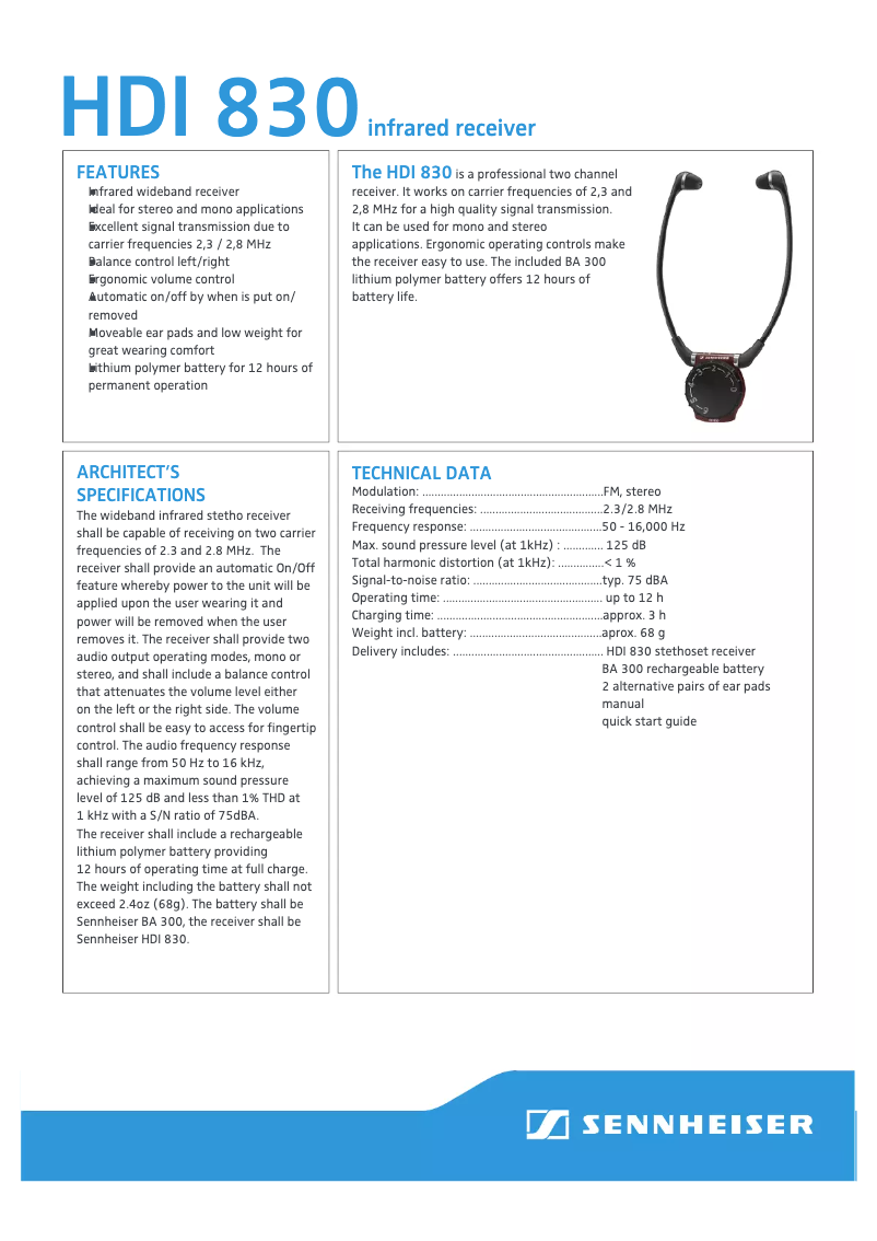 Page 1 de la notice Brochure Sennheiser HDI 830