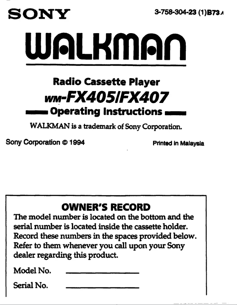 Page 1 de la notice Manuel utilisateur Sony Walkman WM-FX405