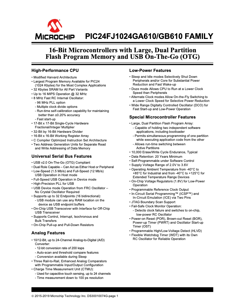 Page 1 de la notice Fiche technique Microchip PIC24FJ1024GB610