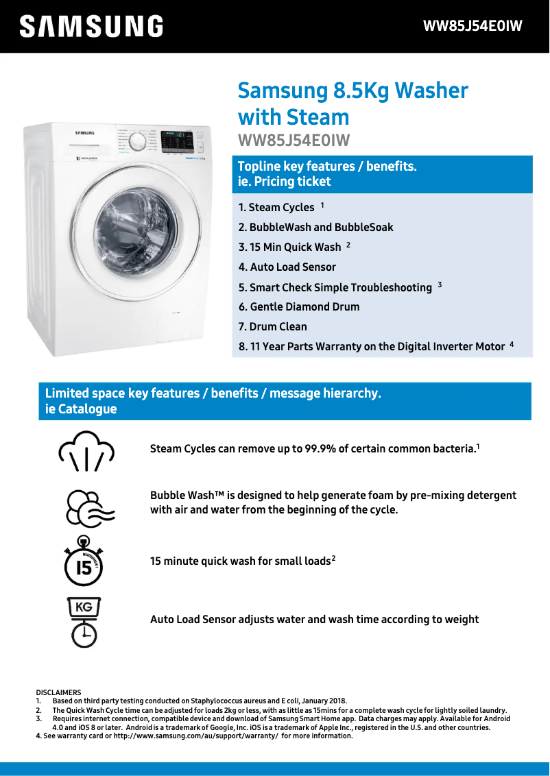 Page 1 de la notice Fiche technique Samsung WW85J54E0IW