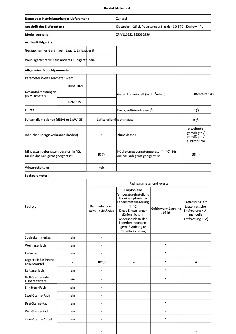 Page 1 de la notice Fiche technique Zanussi ZRAN10ES2