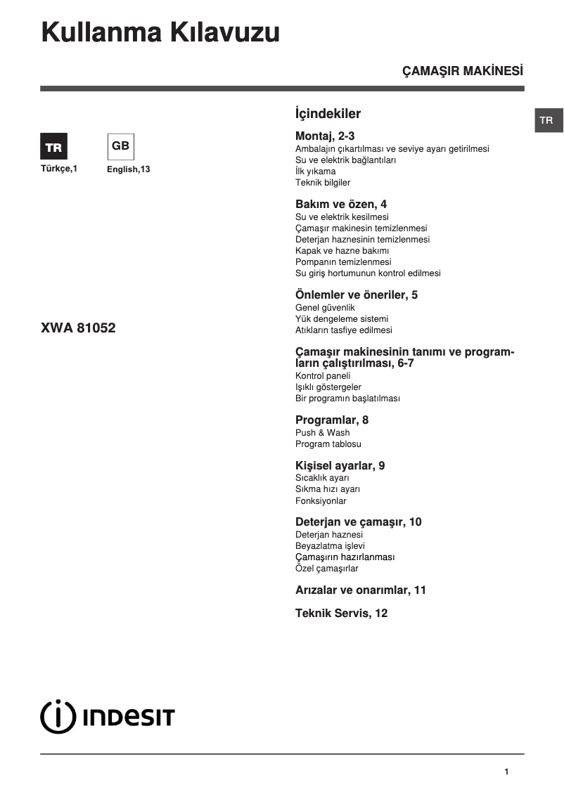 Page n°1 - Manuel utilisateur Indesit XWA 81052