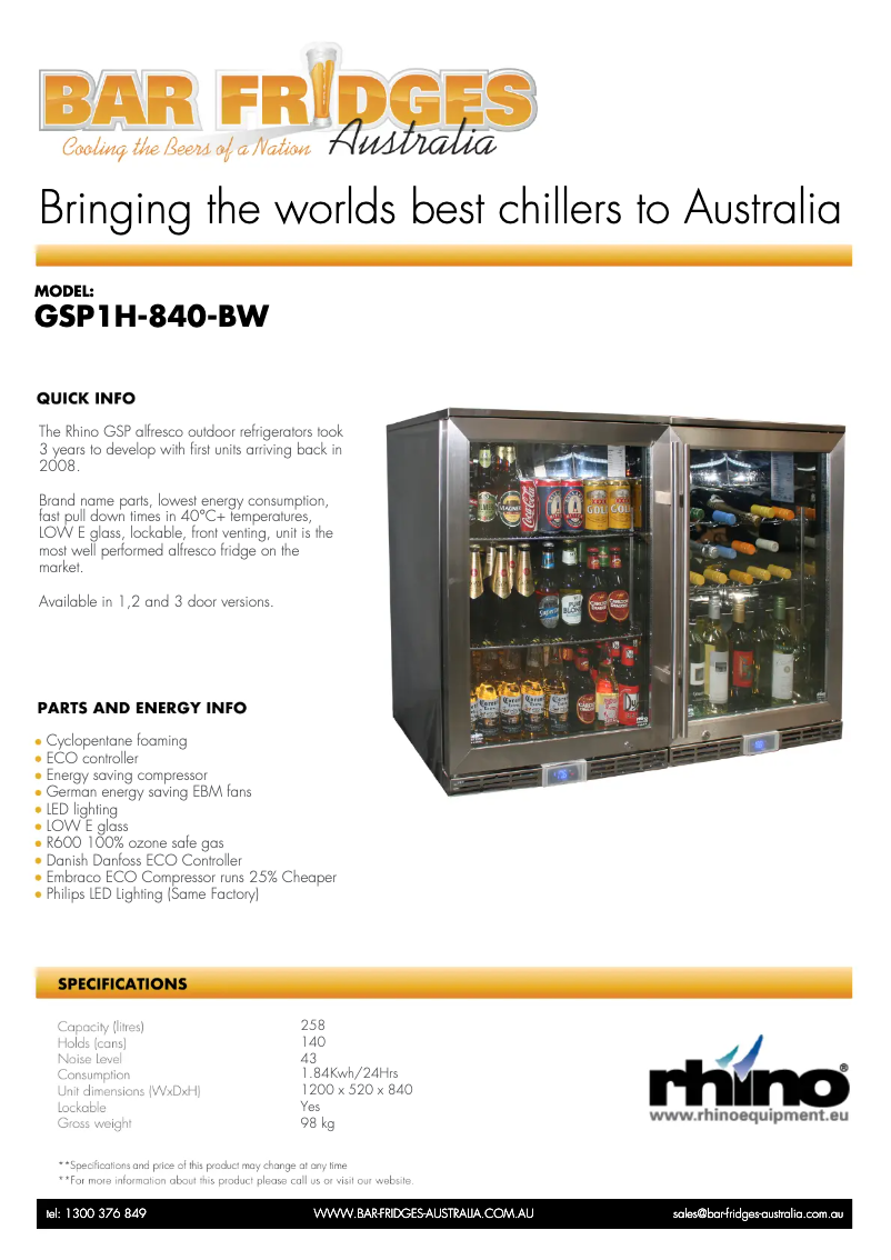 Page 1 de la notice Fiche technique Rhino GSP1H-840-BW