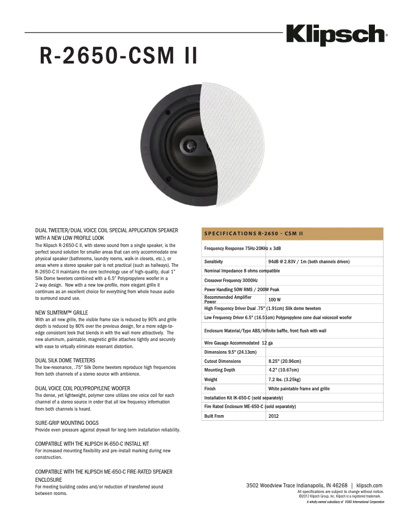 Page 1 de la notice Fiche technique Klipsch Reference R-2650-CSM II