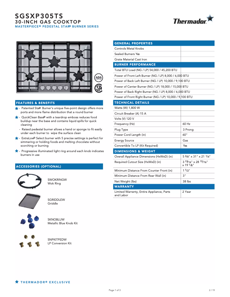 Page 1 de la notice Fiche technique Thermador SGSXP305TS
