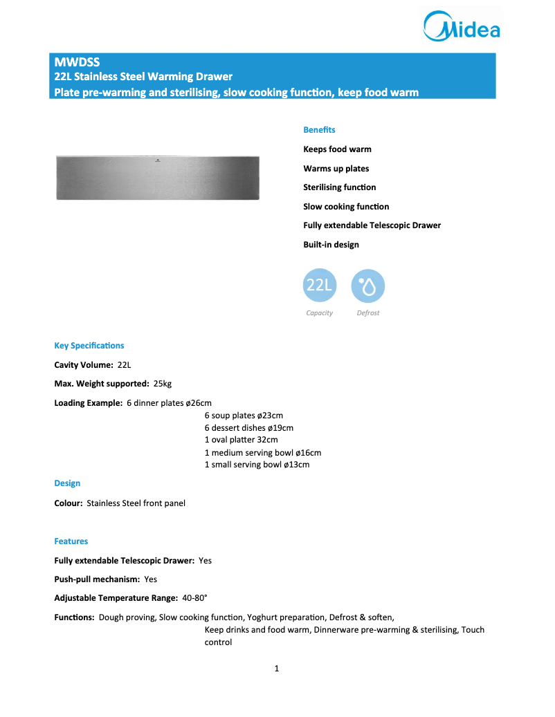 Page 1 de la notice Fiche technique Midea MWDSS