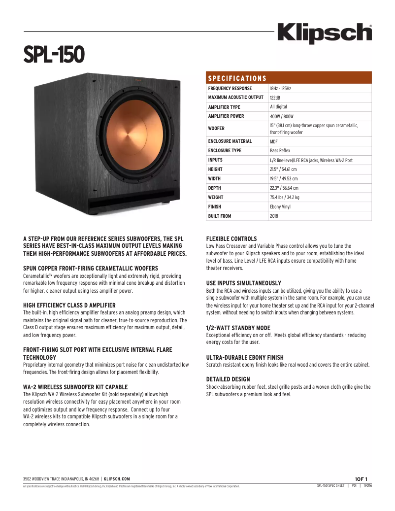 Page n°1 - Fiche technique Klipsch SPL-150