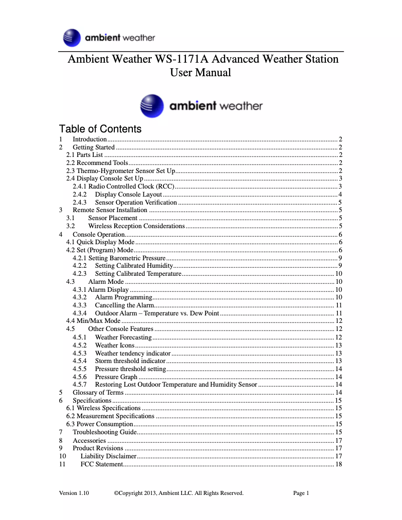 Image de la première page du manuel de l'appareil WS-1171A