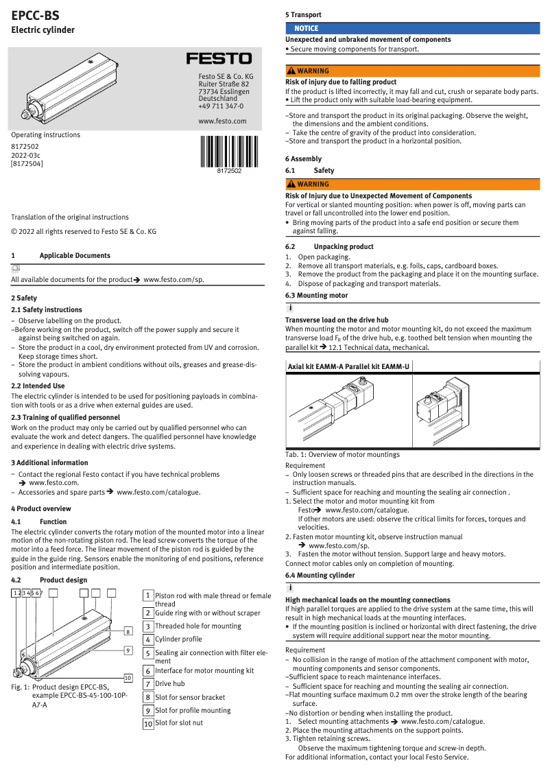 Page 1 de la notice Manuel utilisateur Festo EPCC-BS-60-150-12P-A