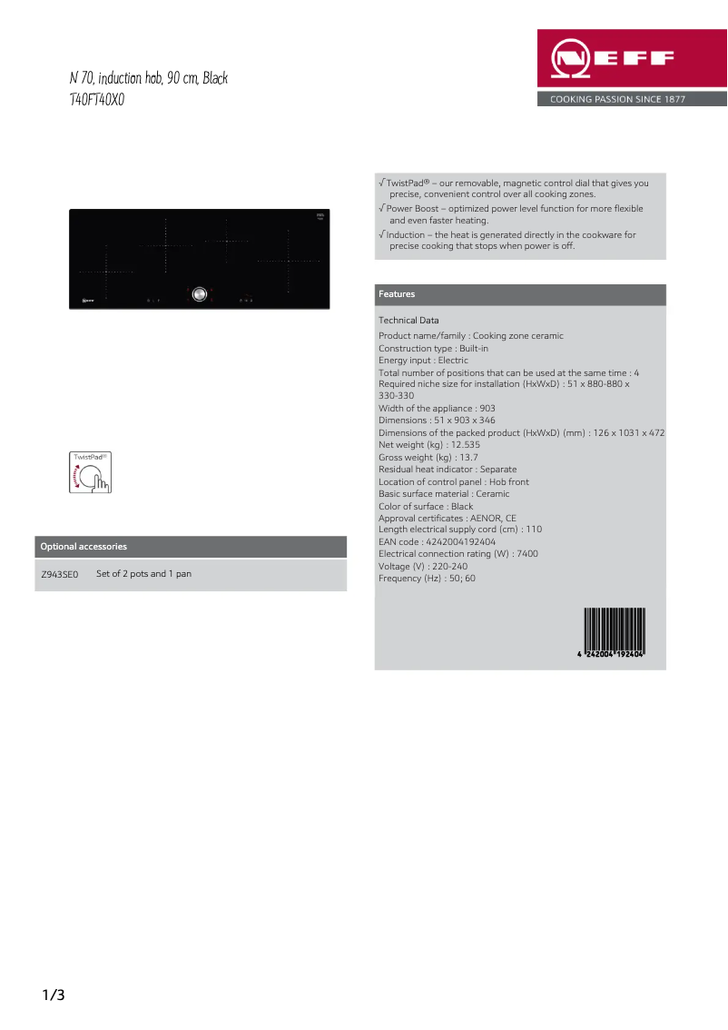 Page 1 de la notice Fiche technique Neff T40FT40X0