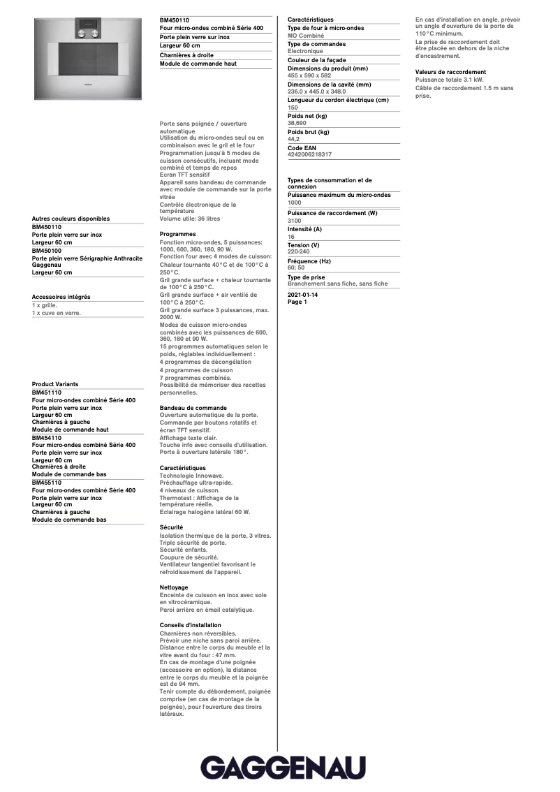 Page 1 de la notice Fiche technique Gaggenau BM450110